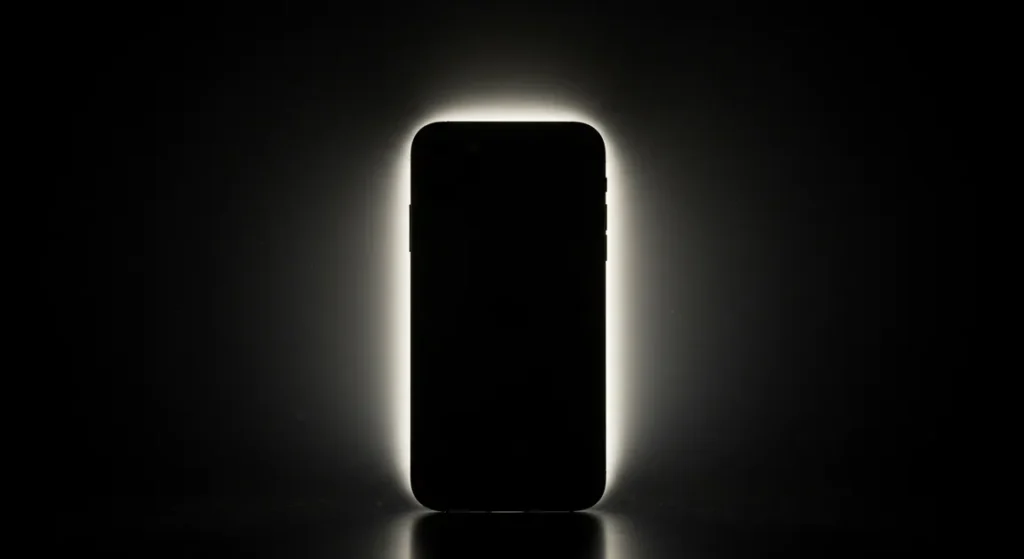 Fx iPhone 16e with dramatic backlighting creating halo effect silhouette style with subtle details visible artistic product photography approach 1