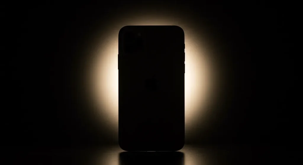 Fx iPhone 16e with dramatic backlighting creating halo effect silhouette style with subtle details visible artistic product photography approach 3