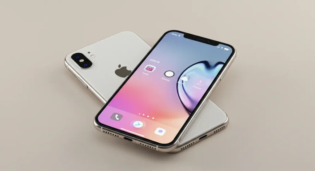 Fx iPhone 16e with screen displaying camera interface showing photography capabilities device angled to show both screen and back professional lighting 1