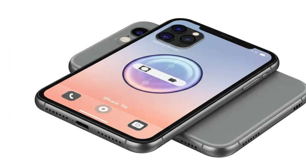 Fx iPhone 16e with screen displaying camera interface showing photography capabilities device angled to show both screen and back professional lighting 2