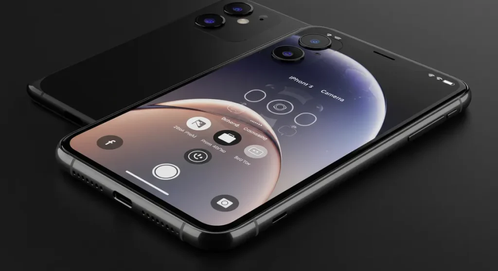 Fx iPhone 16e with screen displaying camera interface showing photography capabilities device angled to show both screen and back professional lighting 3