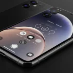 Fx iPhone 16e with screen displaying camera interface showing photography capabilities device angled to show both screen and back professional lighting 3