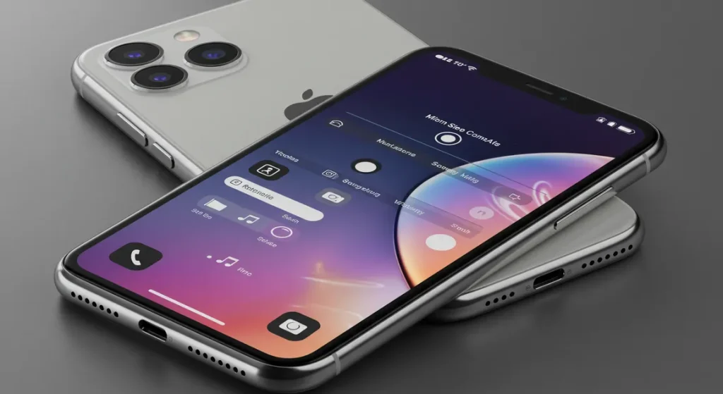 Fx iPhone 16e with screen displaying camera interface showing photography capabilities device angled to show both screen and back professional lighting 4