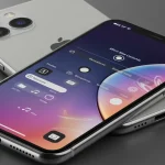 Fx iPhone 16e with screen displaying camera interface showing photography capabilities device angled to show both screen and back professional lighting 4