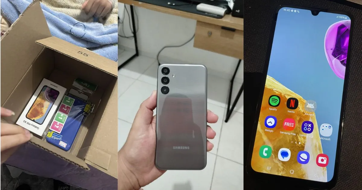 Celulares Baratos Samsung: O Guia de Compras Perfeito para Economizar 1 Celulares baratos Samsung Galaxy M15 5G sendo desembrulhado e configurado.