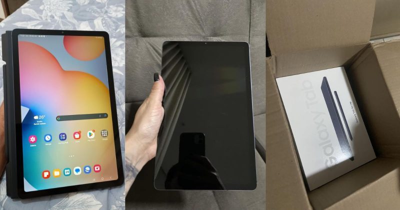 Tablet Samsung Galaxy Tab S6 Lite sendo exibido ligado, desligado e dentro da caixa de envio.