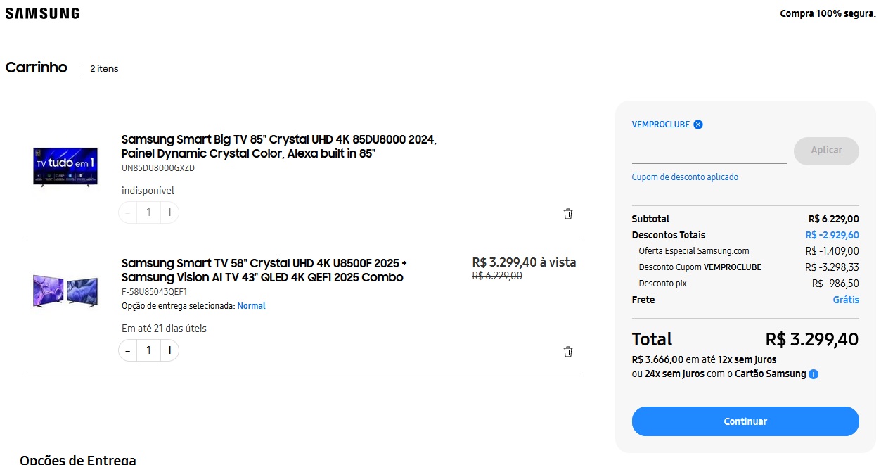 SUPER OFERTA! Duas TVs Samsung por apenas R$ 3.299