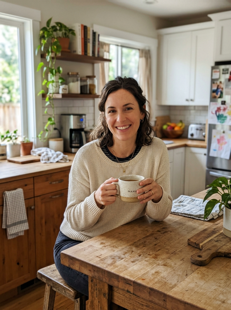 Woman holding coffee in kitchen 202606020927