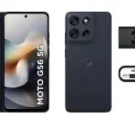 Smartphone Motorola Moto G56 5G na cor grafite, mostrando frente e verso, acompanhado de carregador TurboPower 33W e cabo USB tipo C.