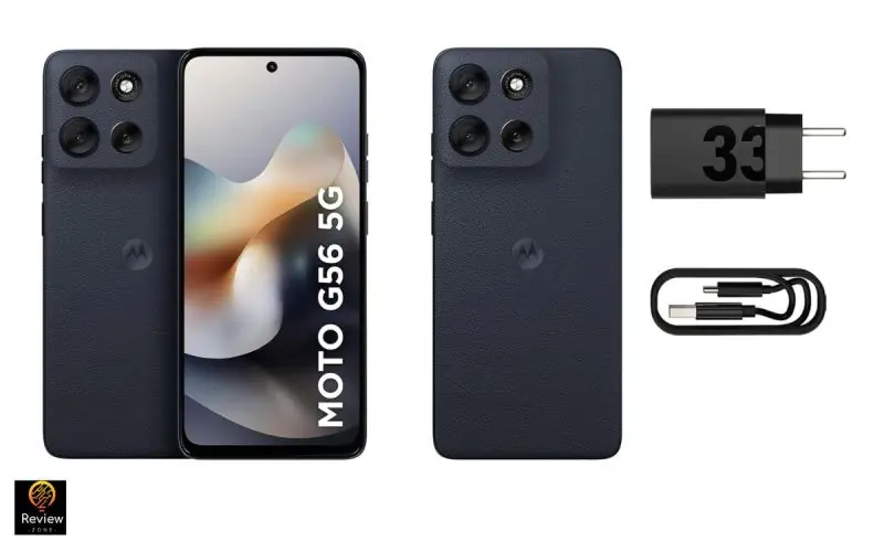 Motorola Moto G56 5G é rápido para abrir vários apps ao mesmo tempo? 1 Smartphone Motorola Moto G56 5G na cor grafite, mostrando frente e verso, acompanhado de carregador TurboPower 33W e cabo USB tipo C.