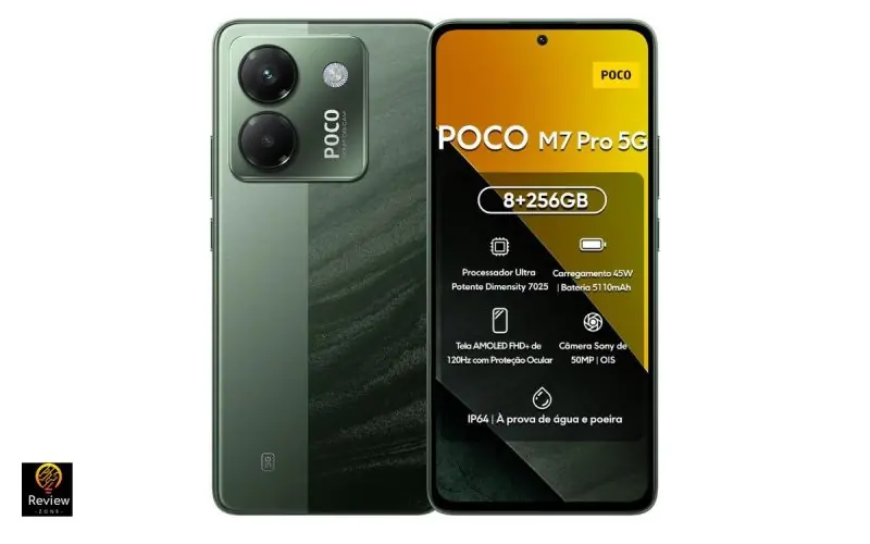 Xiaomi POCO M7 Pro smartphone em cor verde com tela AMOLED exibindo especificações técnicas incluindo processador Dimensity 7025, 8GB RAM, 256GB armazenamento, câmera Sony 50MP e bateria 5110mAh
