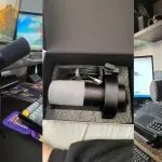 Configuração de mesa de trabalho com microfone dinâmico fifine, computadores com múltiplos monitores e equipamentos de gravação de áudio