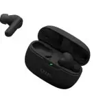Fones de ouvido sem fio JBL Wave Buds 2 pretos separados da caixa sobre fundo branco