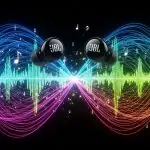 Arte digital de fones pretos com ondas sonoras coloridas e efeitos de visualização de áudio