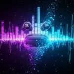 Visualização de espectro de frequência de áudio com ondas sonoras roxas e azuis