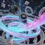 Arte futurística de fones com efeitos holográficos circulares e partículas luminosas