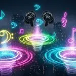 Fones de ouvido criando portal de energia com efeitos luminosos coloridos